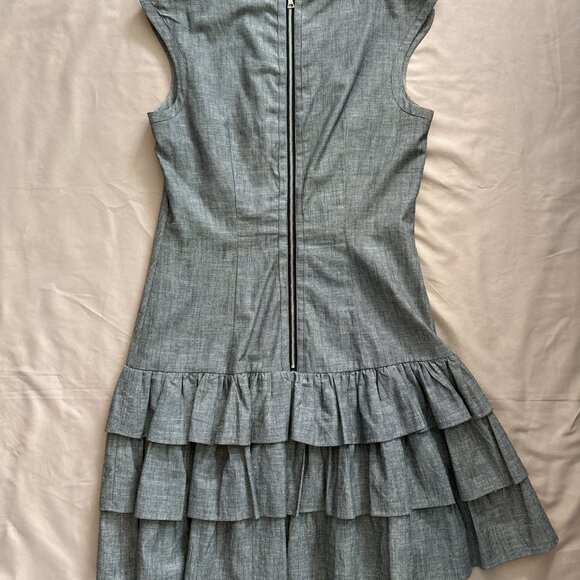 🔥 Cynthia Steffe Chambray Ruffle Dress Sz 10 Shoulder Zip Tiered - Picture 3 of 5